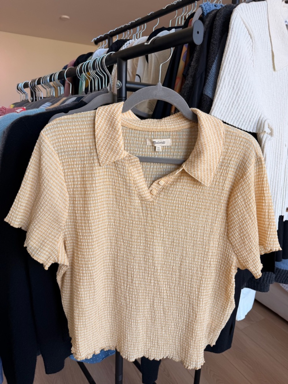 Madewell Pale Yellow Textured Cropped Polo Top